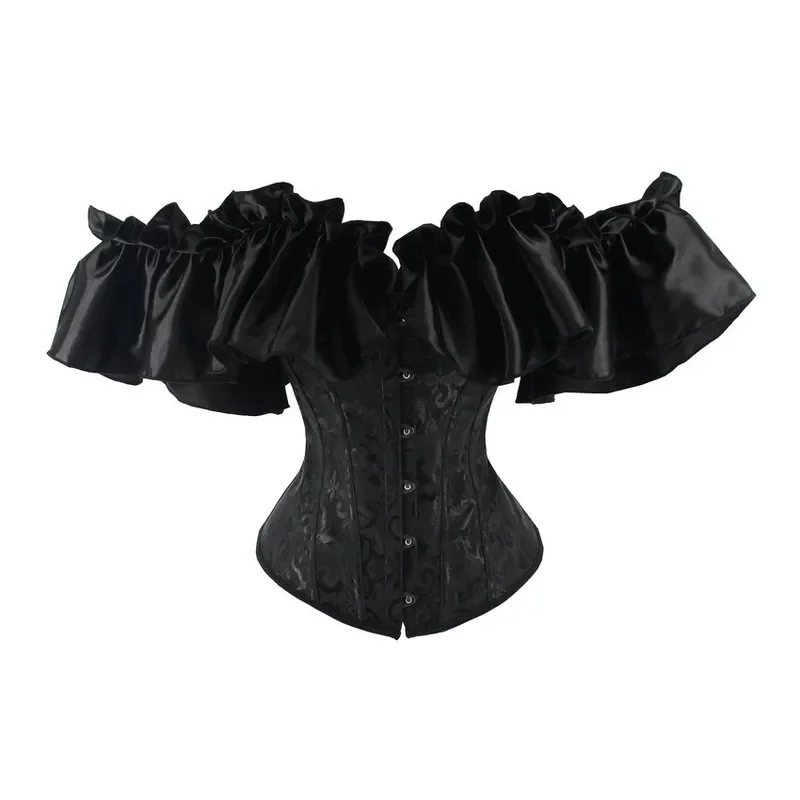 Vintage Busier Corset Women Sexy Corset Shirt Overbust Corset Top Buckle Off Shoulder Ruffles Sleeve Bustier Lace Up Bodyshaper