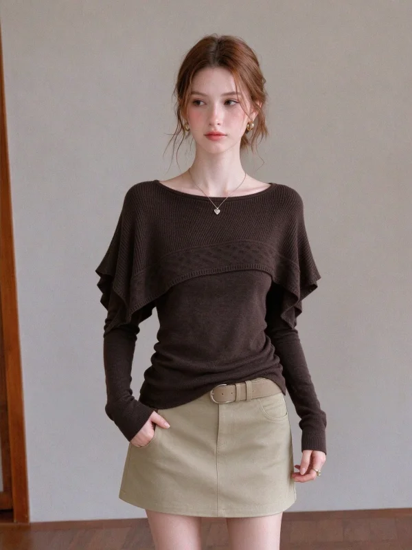 Korean Style Coffee Color Knitted Sweater with Shawl Women's Slim Fit Autumn Cold Tone Fake Two-Piece Casual Long Sleeve Top