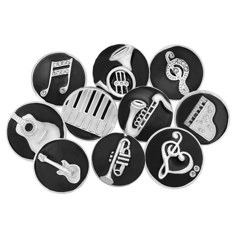 New Round Black style Musical notes Instruments Piano guitar trumpet 18MM snap buttons fit DIY snap bracelet jewelry wholesale