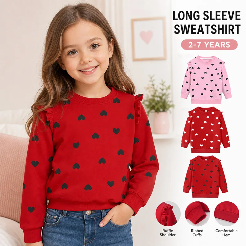 Little Hand Valentine Girls Sweatshirts Heart Print Pink Red Sweatshirt for Kids Girl Ruffle Sleeve Love Shirt Clothes 2-7 Years