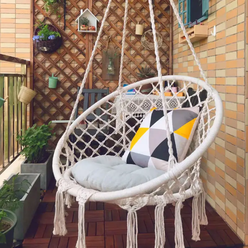 Manufacturer'sIndoor Swing Ins Nordic StyleTassel Hanging Basket Chair, Outdoor Iron Ring Hammock, CottonRope Woven Homestay