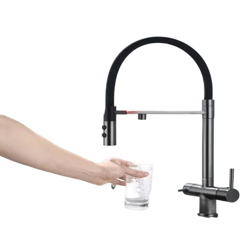 3-Way Purification Mixer Brass Swivel Tap Gray Kitchen Faucet with Flexible Pull-Down Sprayer for Pure Water
