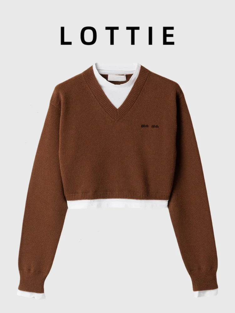 

Lottie, элитный ранний осенний новый вязаный топ с буквенным логотипом и вышивкой в стиле пэчворк, из двух частей, женский модный вязаный топ для поездок на работу...