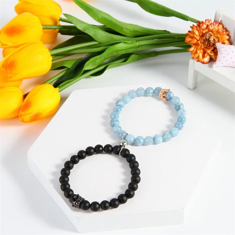 2pcs/set New Trendy Couple Bracelet Magnetic Romatic Natural Stone Couple Distance Bracelets Healing Crown Lovers Jewelry Gift