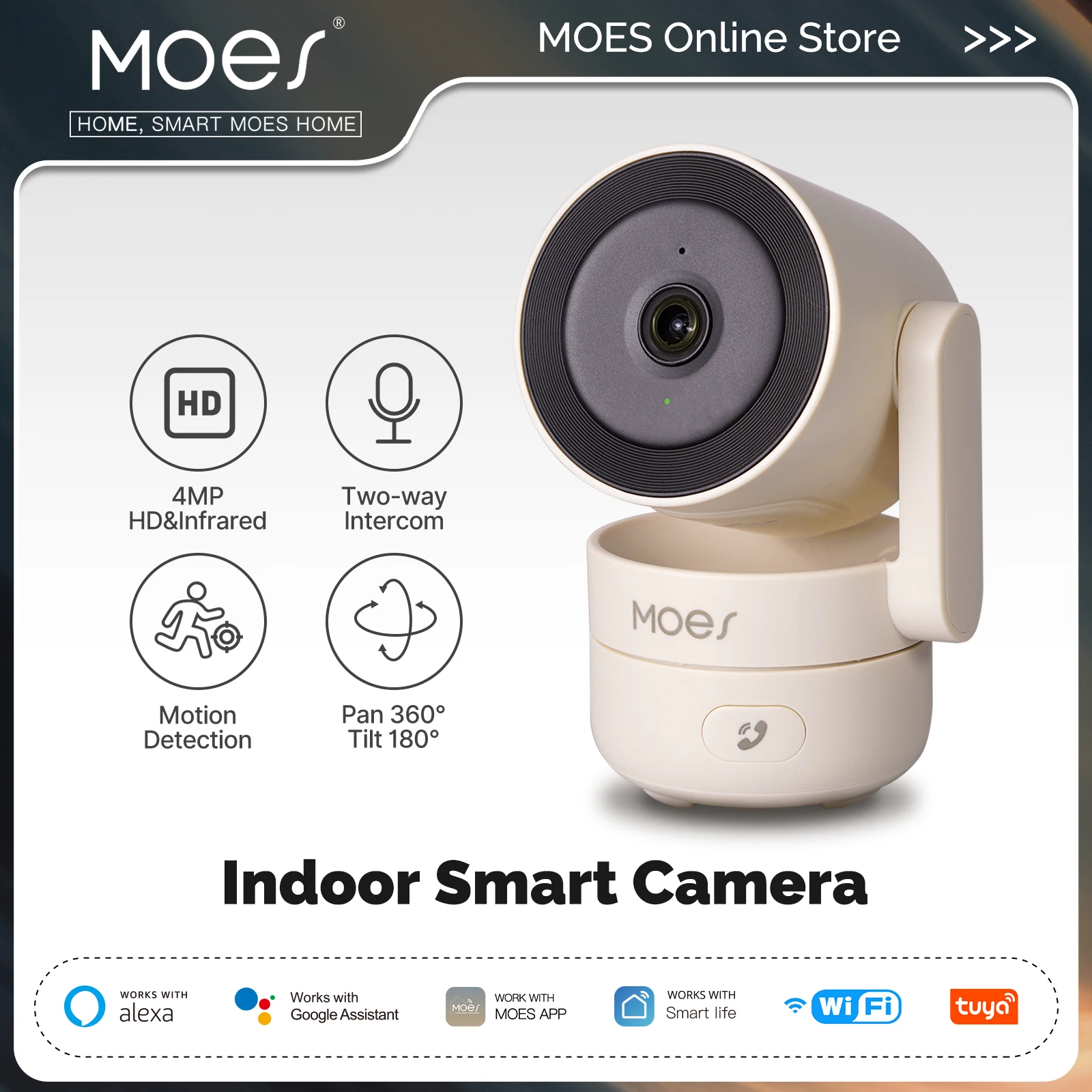 MOESTuya-cámara de seguridad inteligente Pan/Tilt para interiores, Monitor de detección de sonido y movimiento, visión nocturna infrarroja, HD, 4MP, patrulla panorámica, WiFi