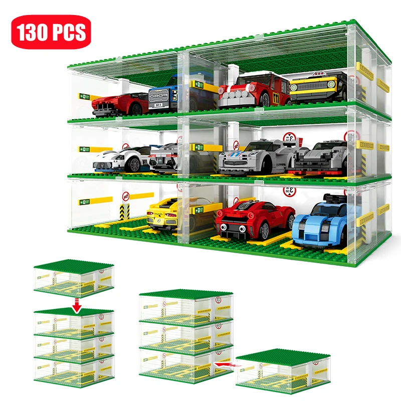 City Speed Champions Sports Cars Garage Building Blocks MOC Supercar Racing Parking Lot DIY Vehicle Storage Box Bricks Kids Toys