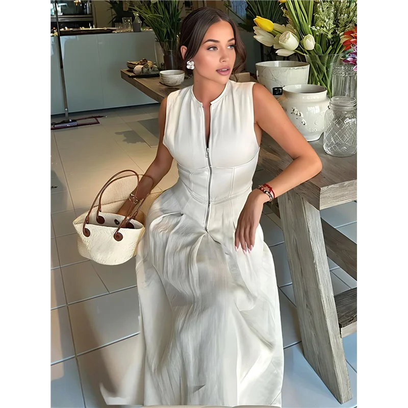 CYL-Vestido midi informal de verano dividido con cintura elástica y cremallera con cuello en V profundo para mujer con bolsillos