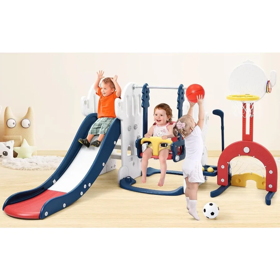 7in1 Indoor Slide en Swing Set Vrijstaande Peuter Slide Climber Speelset voor met Verstelbare Schommel Basketbalring Voetbal Gol