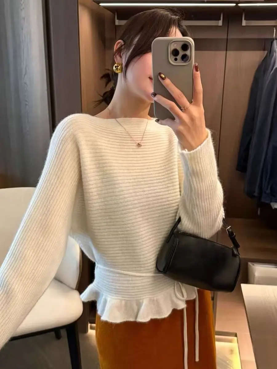 Feminino outono inverno novo estilo coreano macio plissado gravata na cintura de malha versátil camisola topo