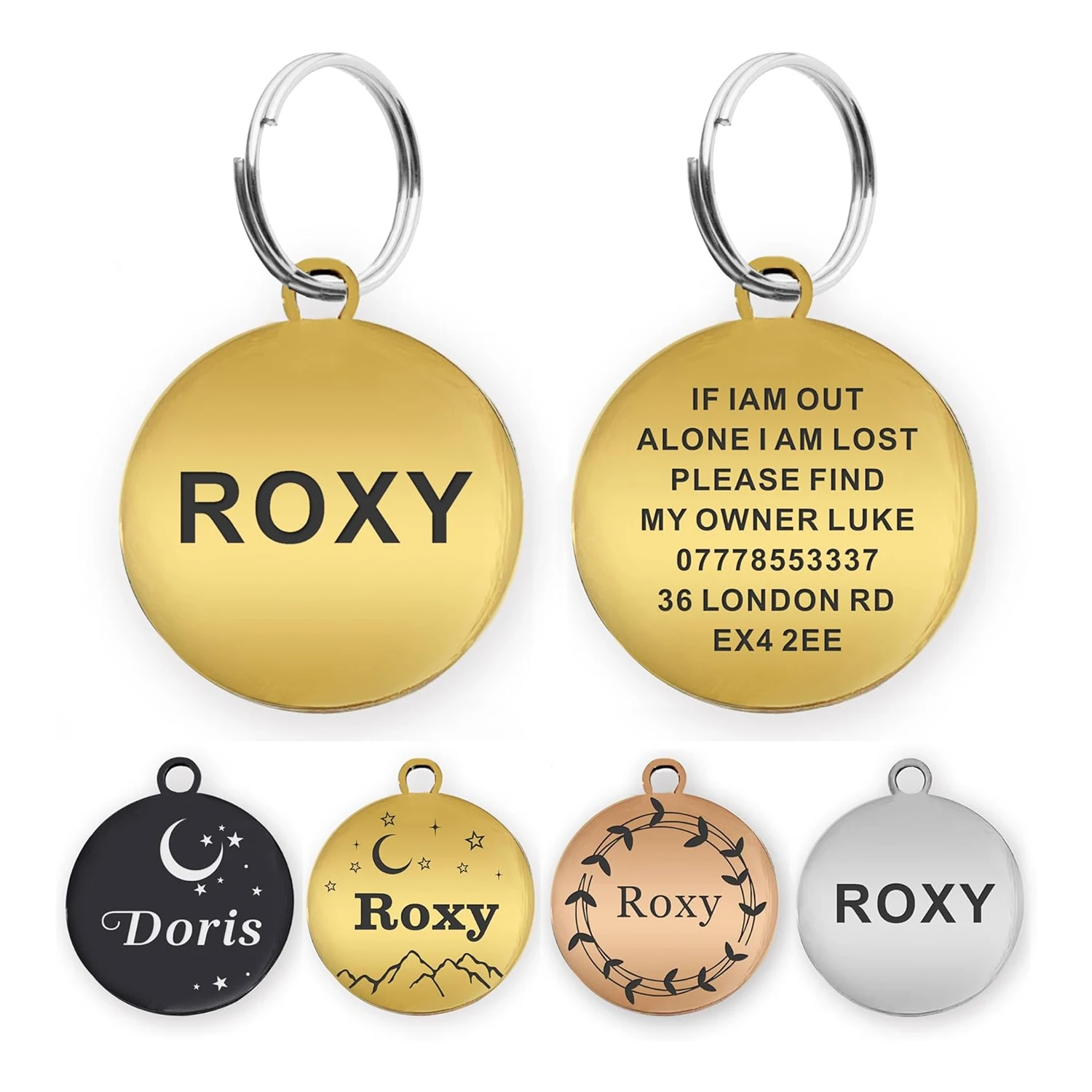 

Гравированные именные бирки для собак и кошек, персонализированные идентификационные бирки для ошейников, с индивидуальным текстом, из нержавеющей стали, гравировка с обеих сторон.