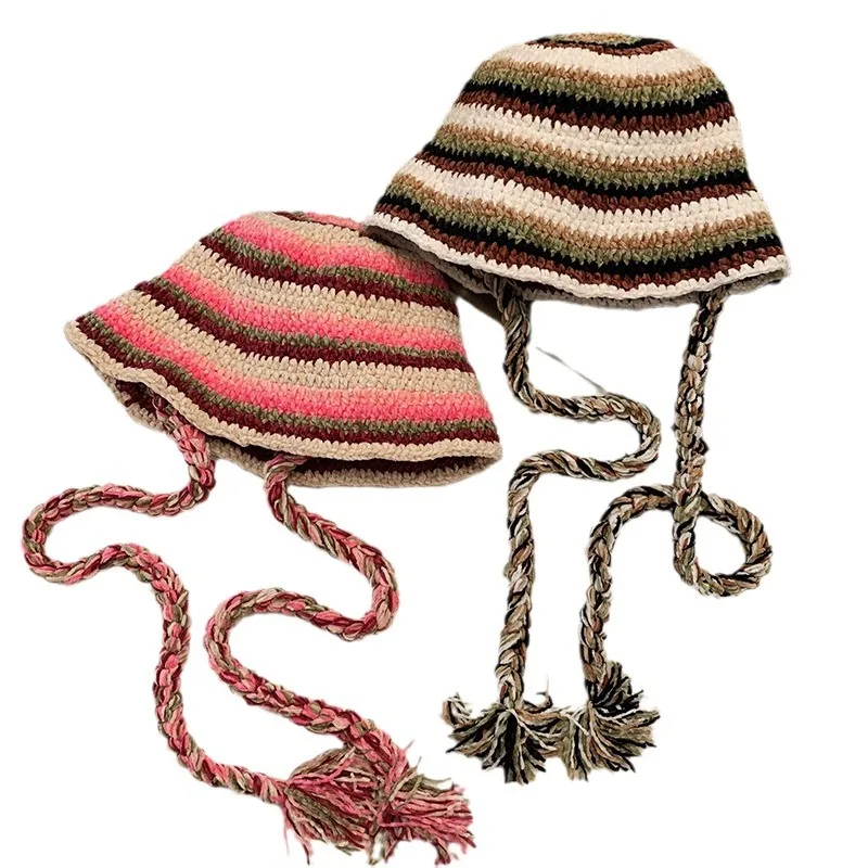 Colorful Striped Hand Knitted Fisherman's Hat Ladies Autumn and Winter Outdoor Warm Tie Braid Basin Hat 5