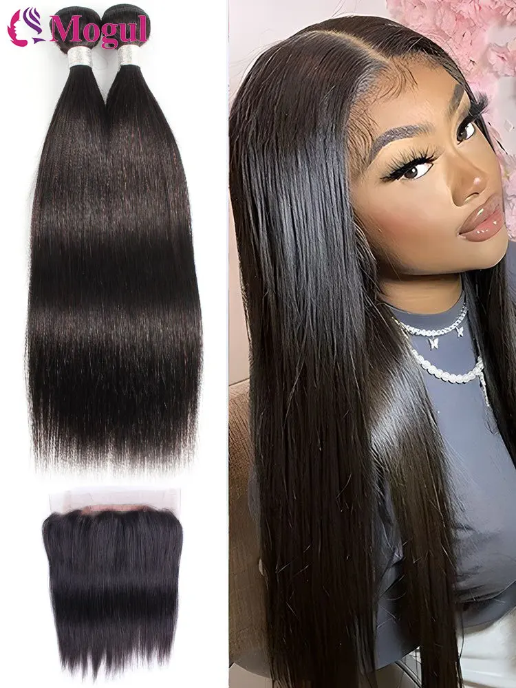 Straight Human Hair Bundles With Closure Brazilian Human Hair 3 Bundles With Frontal 360 Transparent Lace Natural Black Color