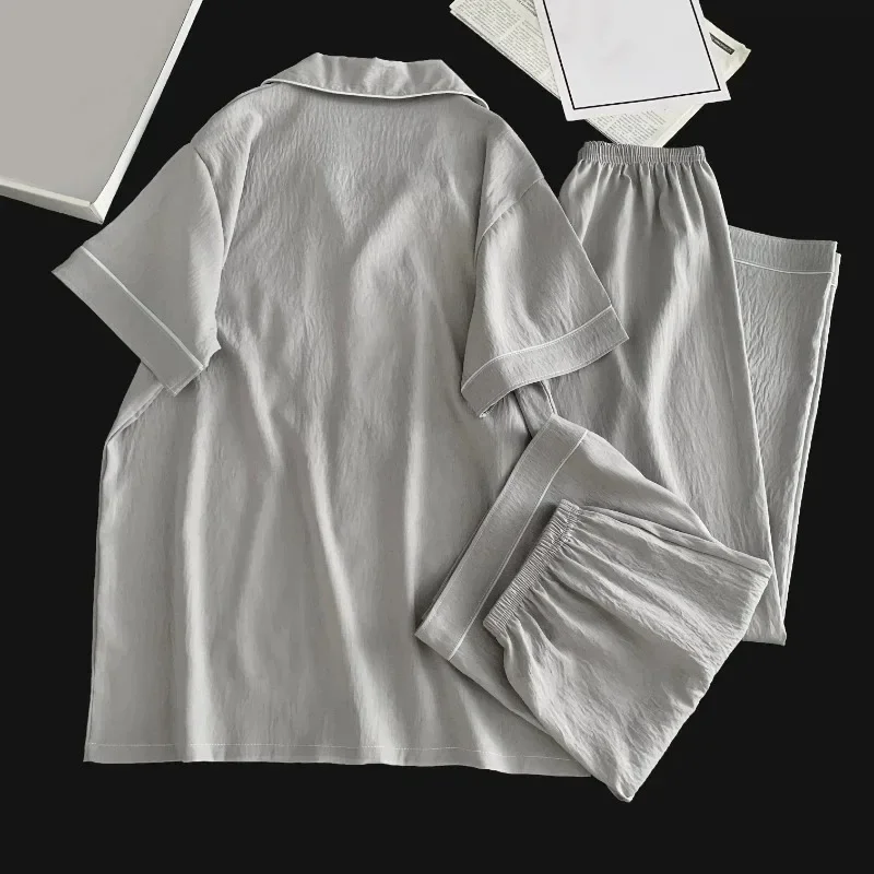 3PCS Plus Size Men's Luxury Pajama Set Solid Color Short Sleeve Lapel Top And Elastic Pajamas Set Summer Loungewear Sleepwear