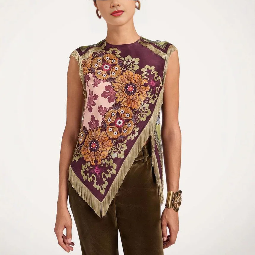 

Fashion Floral Print Top With Fringe Trim For Women Vintage O neck Sleeveless Asymmetric Hem Satin Blouse Lady 2026 Chic Tops