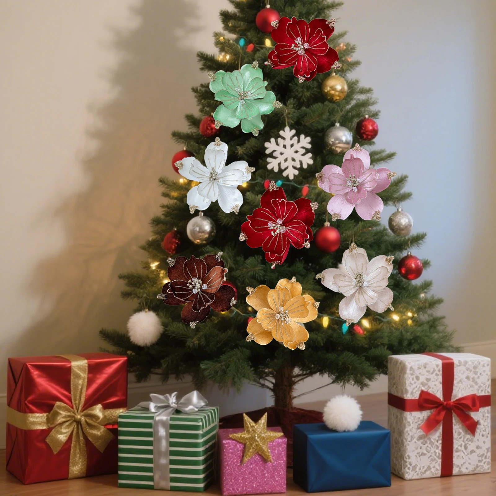 

Glitter Artifical Christmas Flowers Christmas Tree Decorations for Home Fake Flowers Xmas Ornaments Navidad 2026 New Year Decor