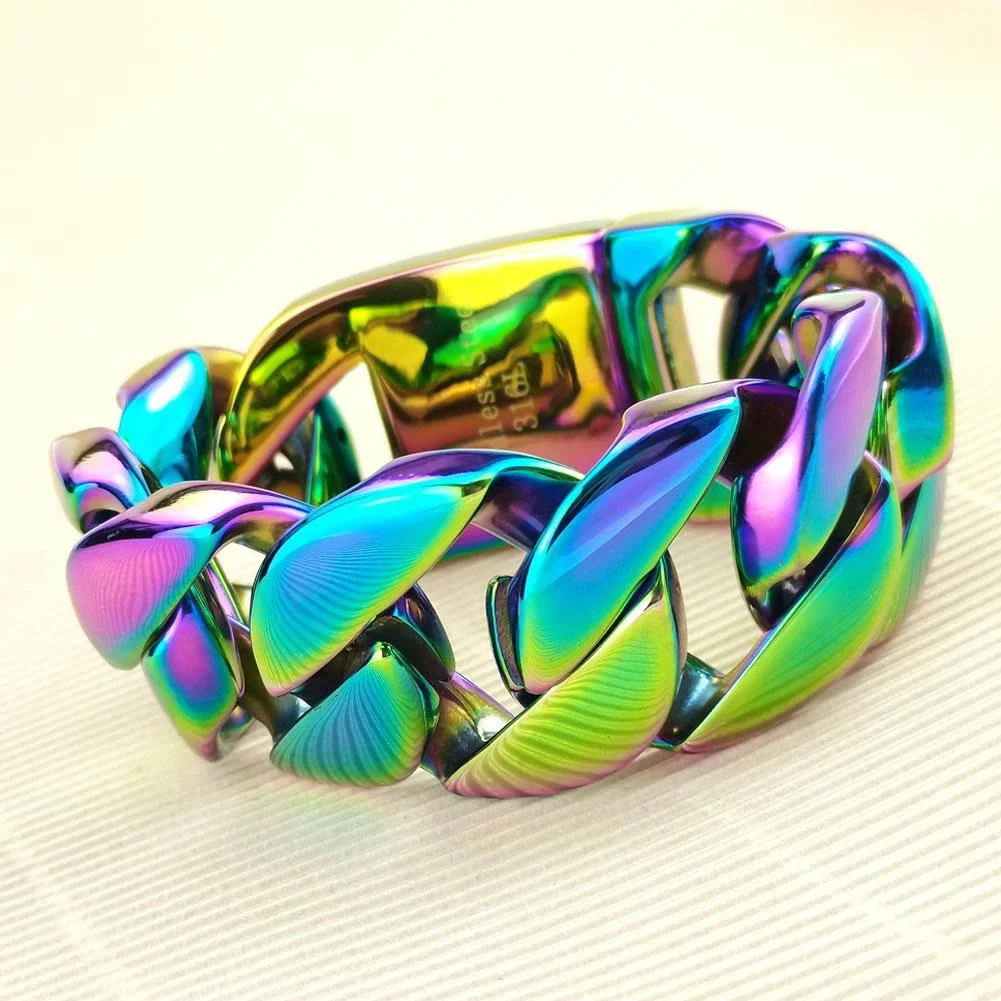 Rainbow Iridescent 32mm Man's Heavy Weight Bling Massive 316L Stainless Steel Bracelet