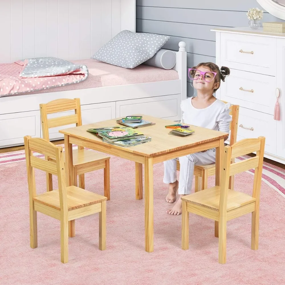 Kids Table and Chair Set, 5 Piece Wood Activity Table & Chairs for Children Arts, Crafts, Homework, Snack Time