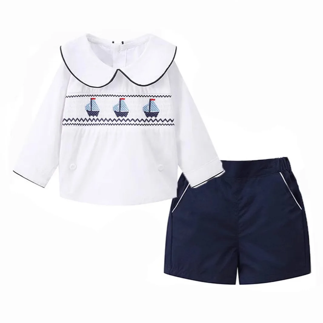 

2026 Baby Boys Embroidered Sailboat Harness Suit Set Shirts Short Two-Piece Outfit Spanish Toddler Birthday Wedding Party Sets