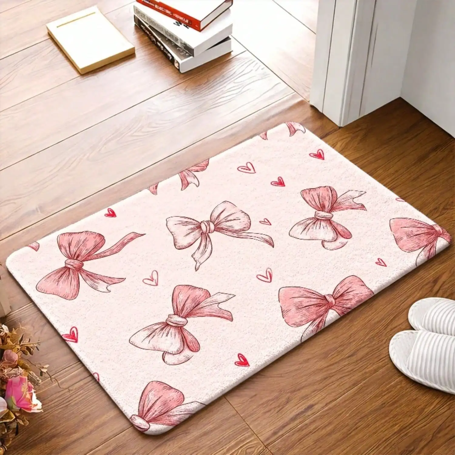 1pc, Cute Bowknot Heart Flannel Mats, Non-Slip Rubber Bottom, Durable And Washable, Universal Door Mats For Entryways, Kitchen Floor Mats, Suitable For Living