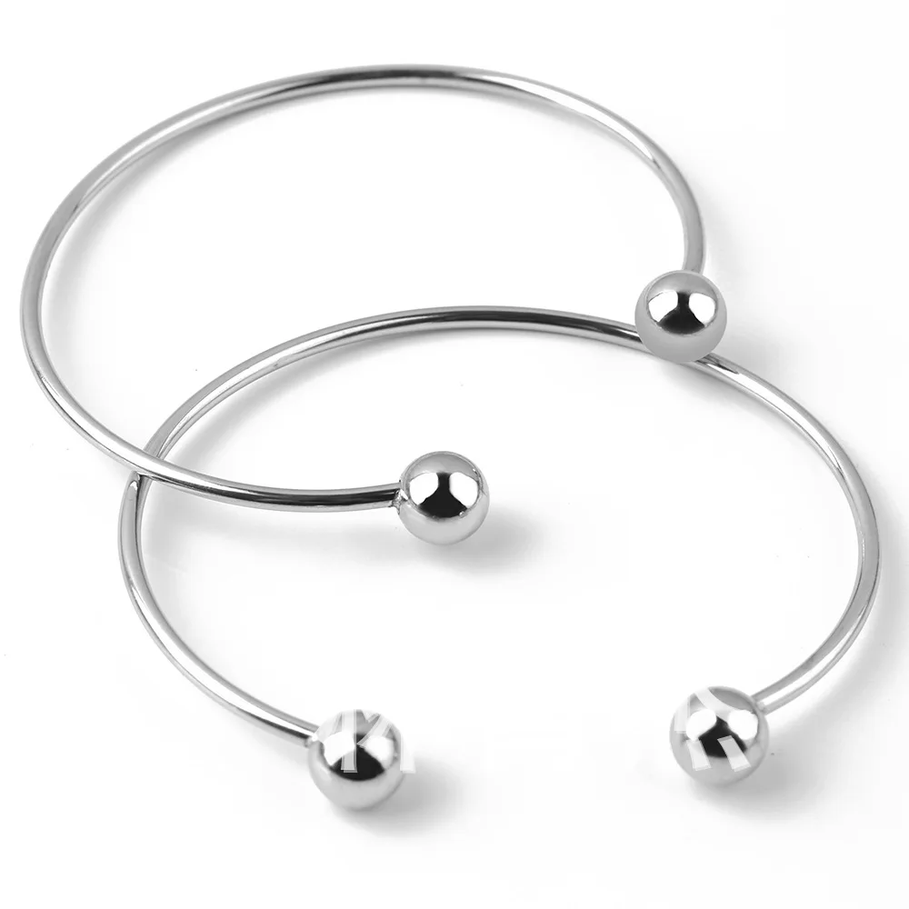 2 Pieces Stainless Steel Open Cuff Bangle with Fixed Ball Ends Non-Removable Waterproof  DIY Simple Style Bracelet Jewelry