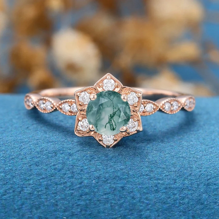 

Luxurious Natural Stone Texture Different Green Moss Grass Agate Vouple Flower Ring For Women Sterling S925 Silver Gift Jewelry