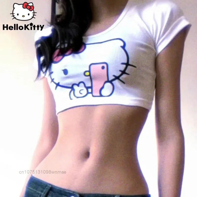 Y2k Homemade American Spicy Crop Tops Sanrio Hello Kitty Cute Cartoon Printed Tight T-shirt Top, Women's Summer Clothes