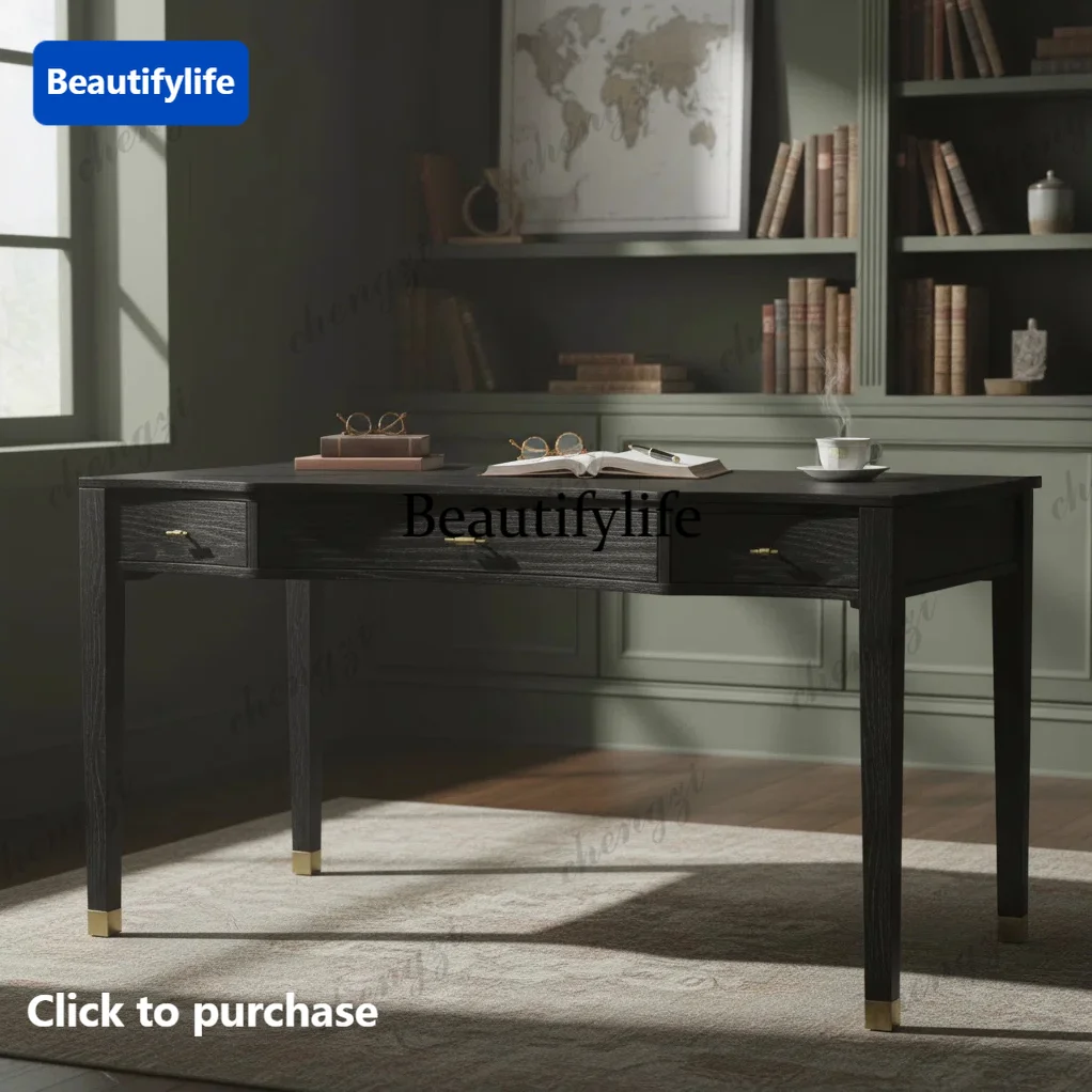 Black minimalist solid wood desk writing desk simple retro desk living room workbench