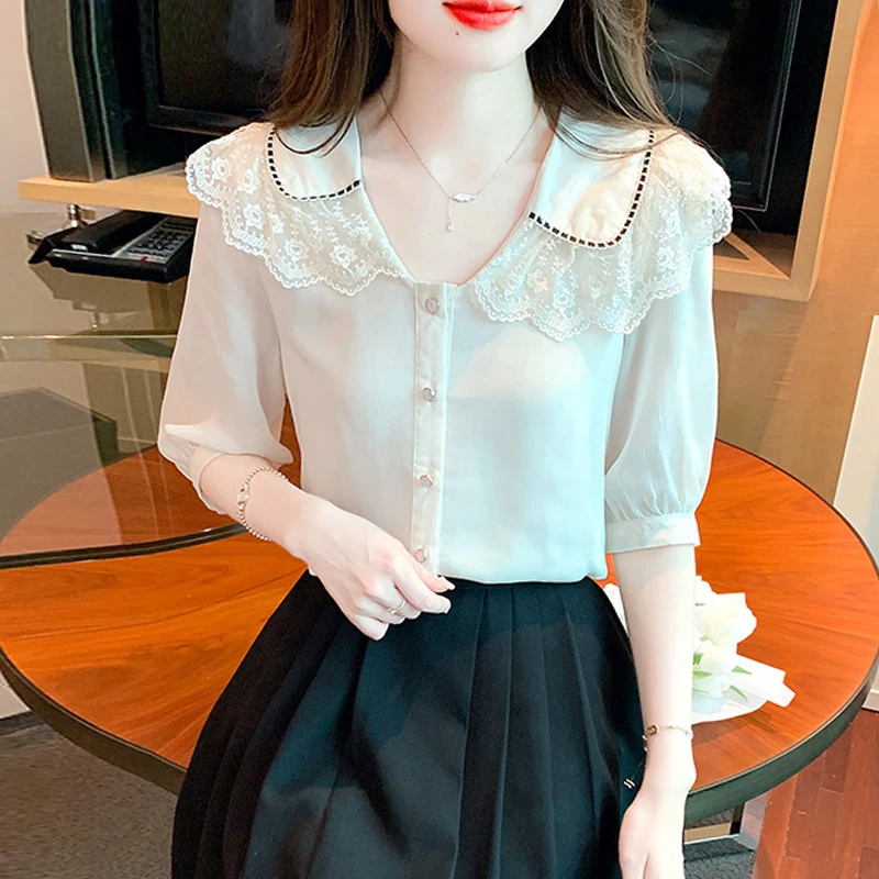 Summer Short Sleeve Lace Doll Collar Women Shirt Chiffon Shirt Blouse Women Tops Blusas Mujer De Moda 2024 Verano Shirts G510