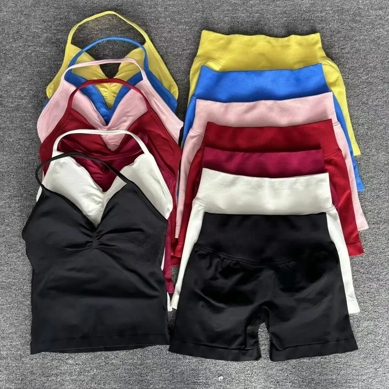 2 Pieces Impact Sports Set Workout Clothes Shorts Sets Impact Longline Strappy Top Seamless Scrunch Shorts Yoga Clothing Gym Set