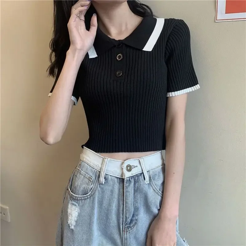 Woman T Shirt Knitted Button Polo Neck Women Sexy Crop Top Plain Black New on Offer Basic Polyester Comfortable Y2k Fashion