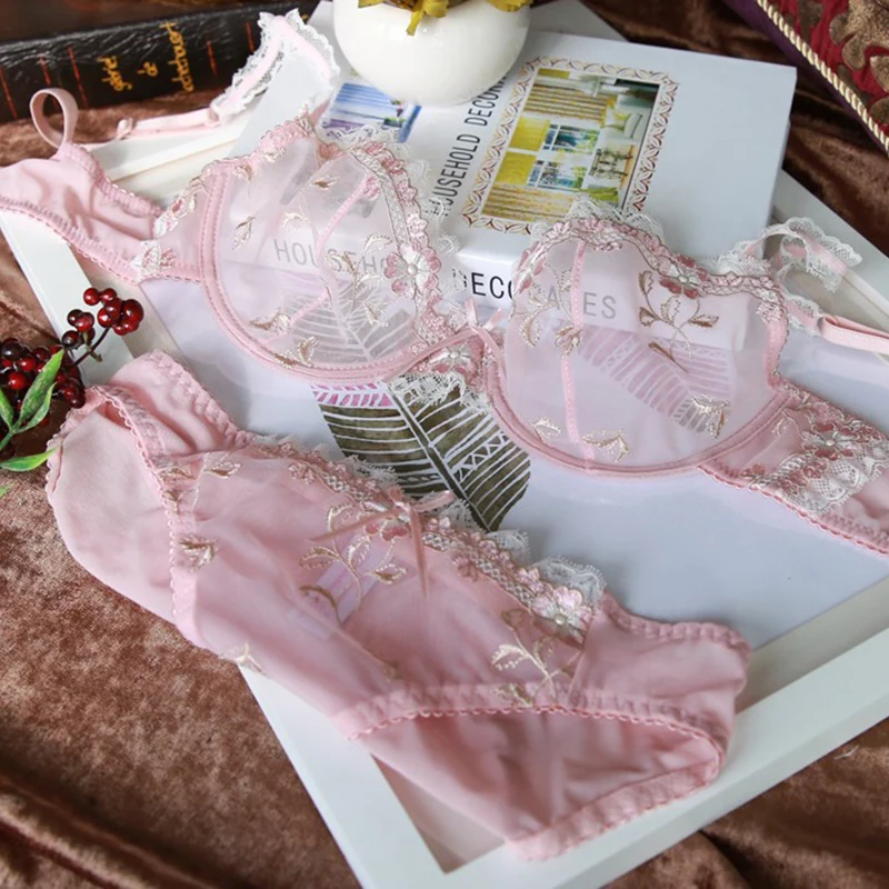 

Logirlve New Women Sexy Bra And Panties Sets Pink Sexy Embroidered Cute Bow Underwear Set Plus Size C D Cup Bras Transparent