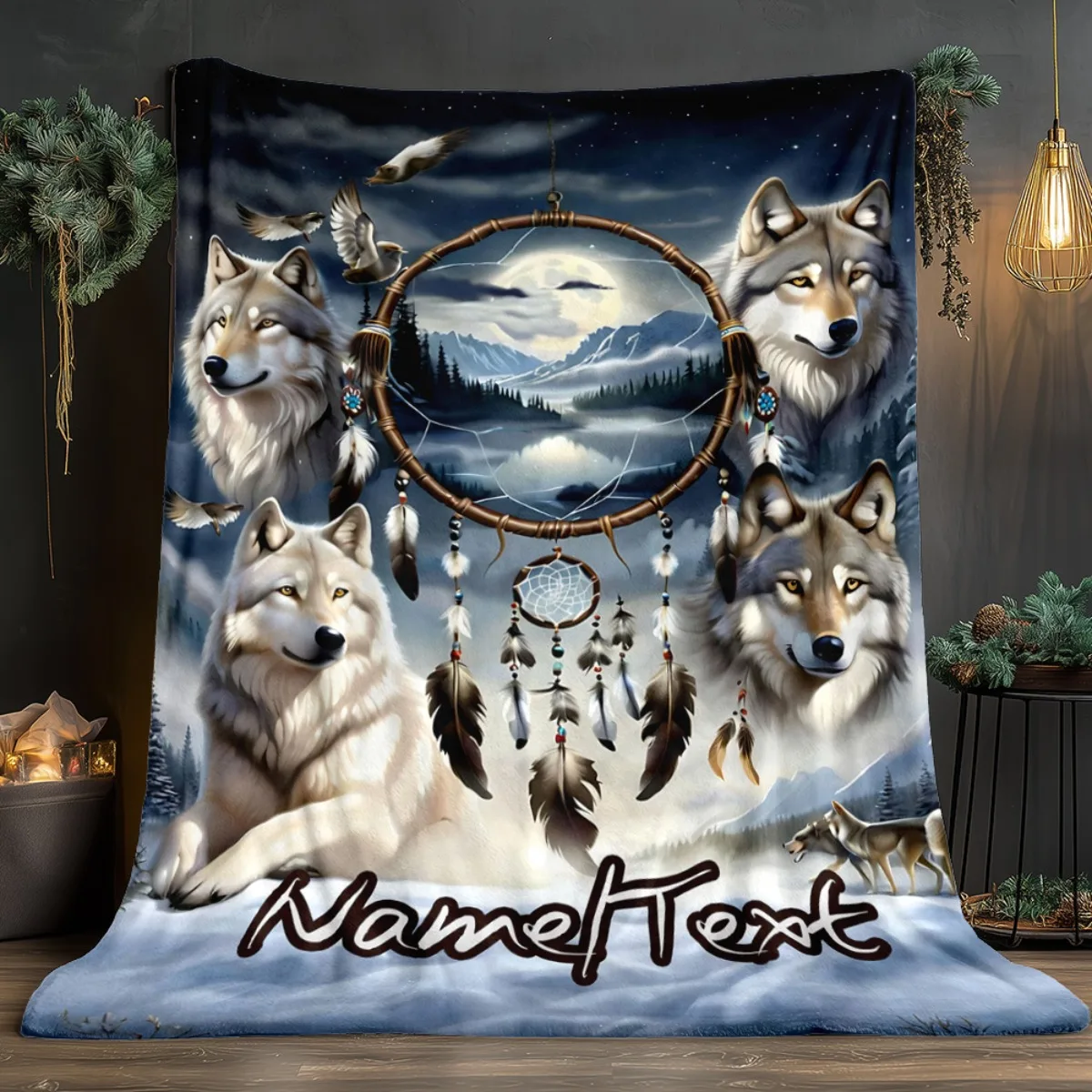 Custom Wolf Blanket Dreamcatcher Moon Snowy Forest Pack Design Personalized Name Fleece Throw All Season Soft Warm Bedding