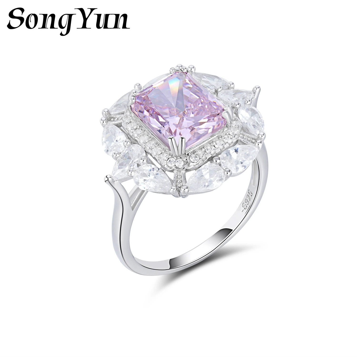 SONGYUN High Carbon Gemstones Jewelry Pink High‑carbon Diamond Ring for Women, Light‑luxury High‑end Design S925 Silver Band