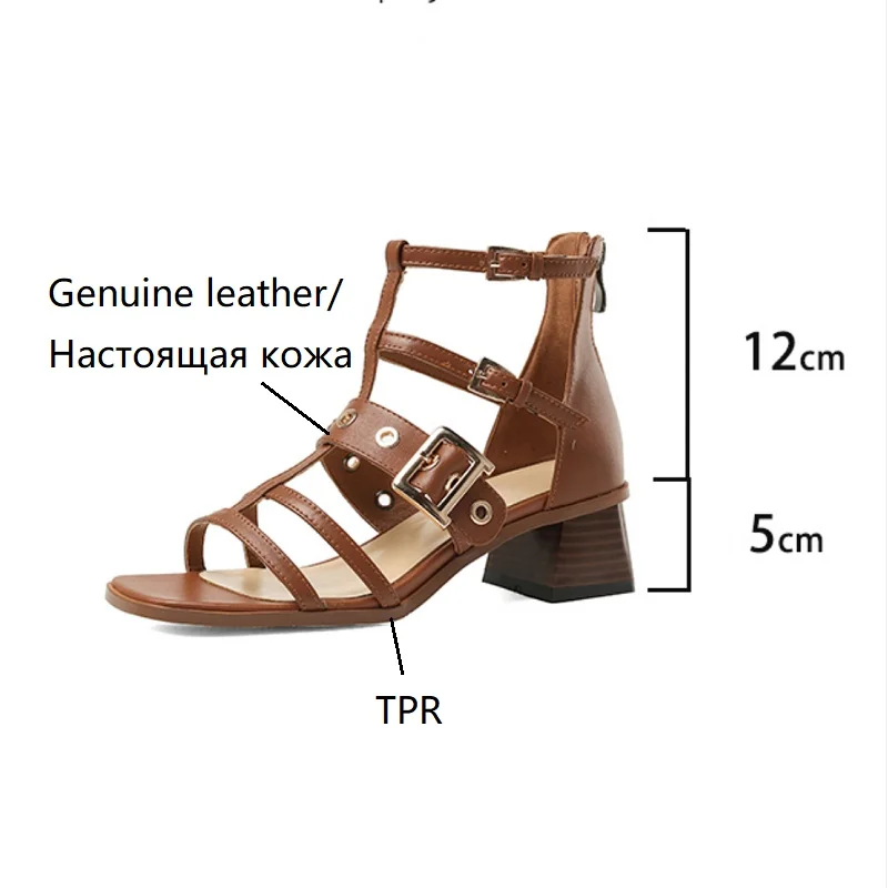 Summer Sandals Women Genuine Leather Shoes for Women Cover Heel Gladiator Women Shoes Open Toe Chunky Heel Designer Sandals