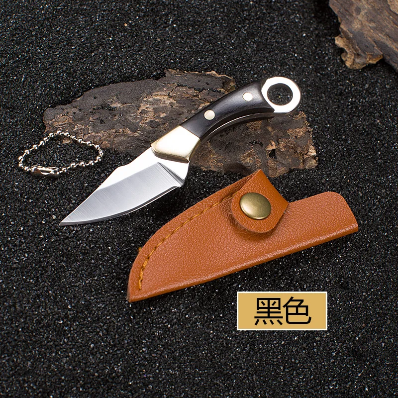 Wooden Handle Small Straight Knife Outdoor Camping Sharp Self-defense Fruit Knife Hand Meat Knife Unwrap Mini Pendant Gift Knife