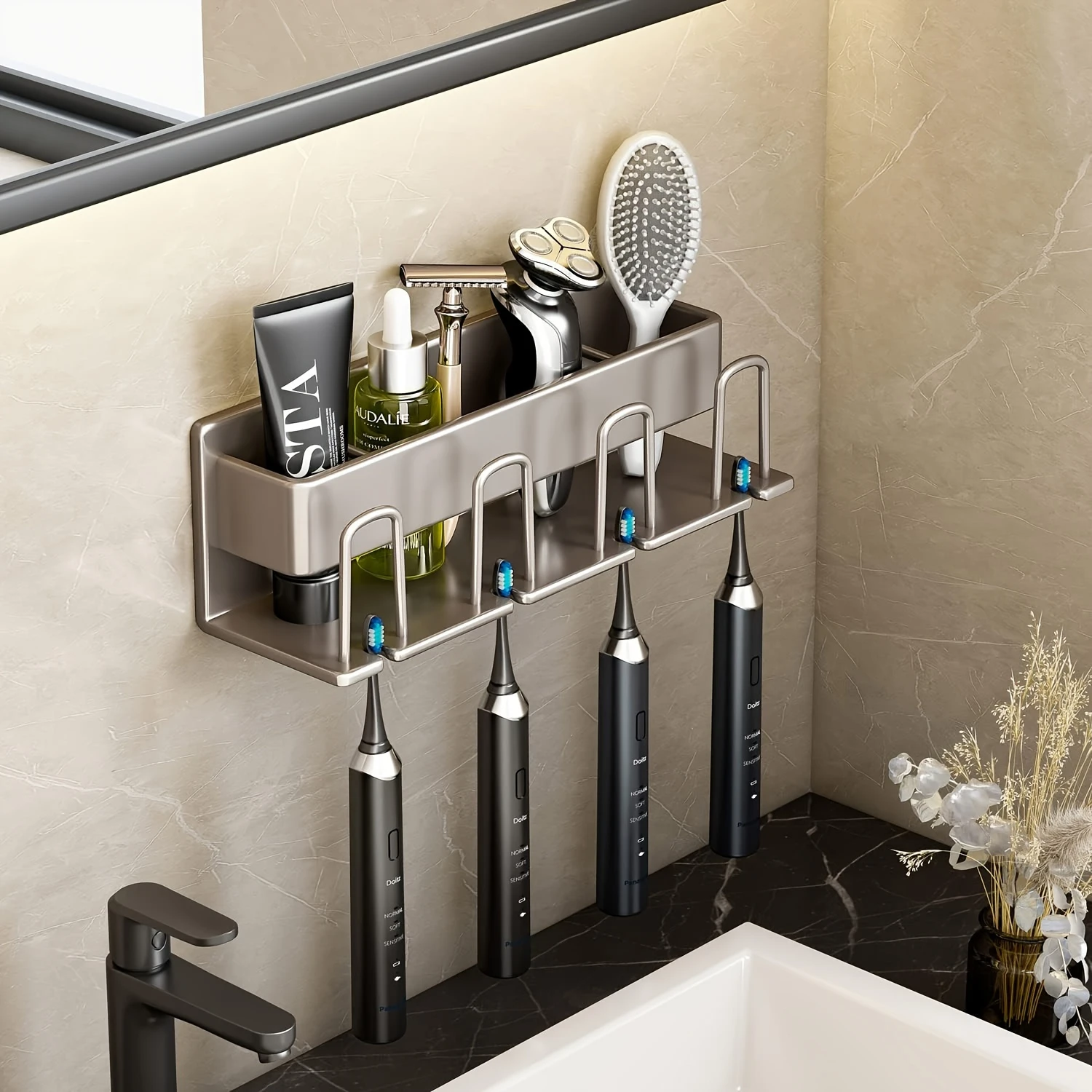 

Stainless Steel Wall-Mounted Toothbrush & Toothpaste Holder With 4 Cups - Multifunctional Bathroom Organizer For Razors And Show