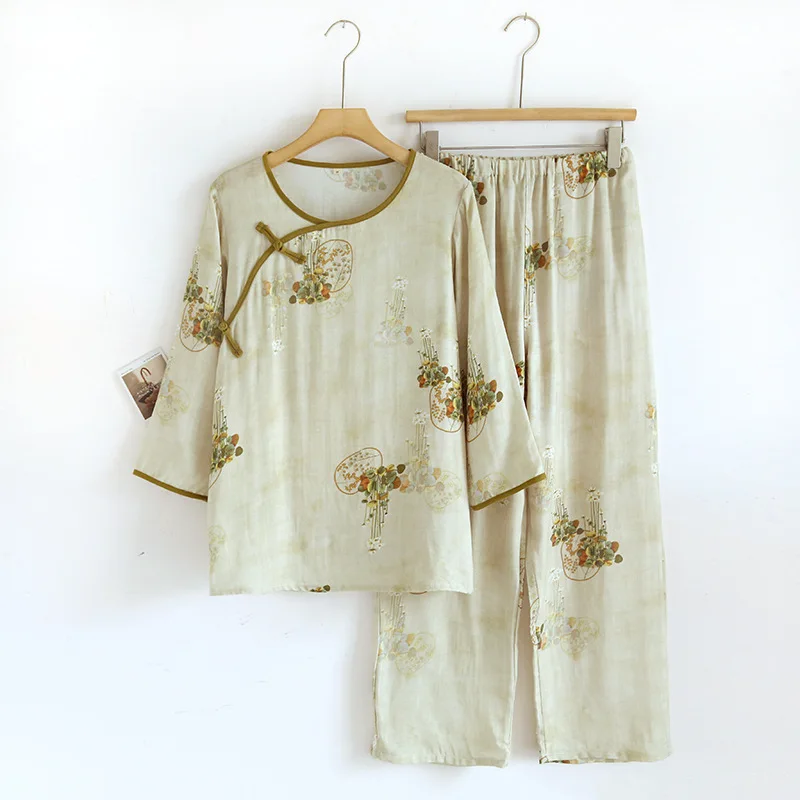 

Chinese Style Cotton Pajamas for Women Retro Style Elegant and Loose Fitting Girls Sleepwear Clothes for Spring and Summer