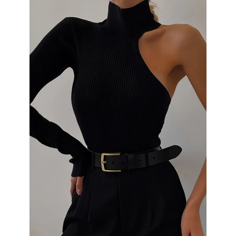 Solid Asymmetric One Shoulder Ribbed Knit Long Sleeve Bodysuit, Sexy Fall Winter One Piece Bodysuits, Women's Clothing