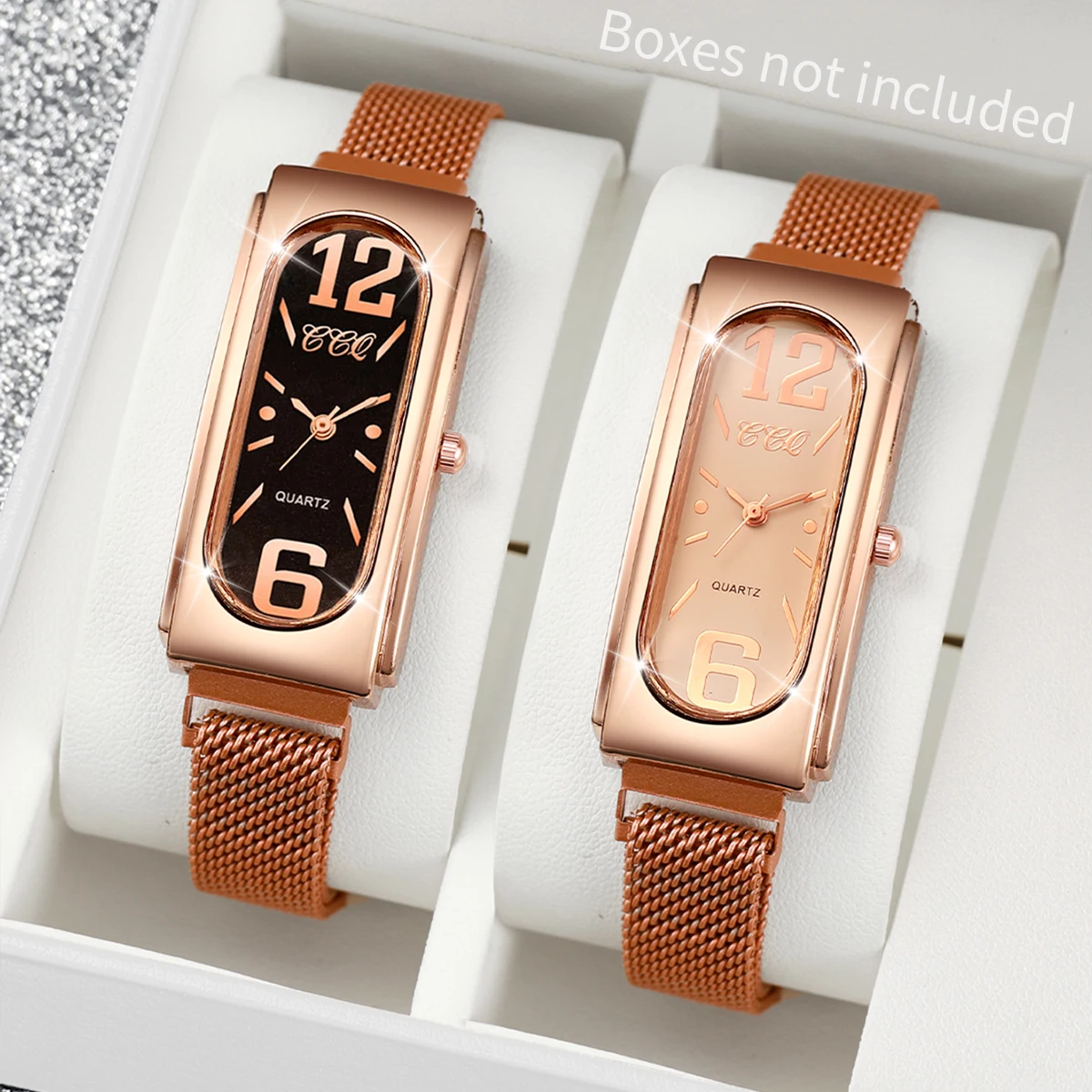 2PCS/Set Women's Watches Fashion Rectangle Magnet Clasp Mesh Band Quartz Watch（Without Box）
