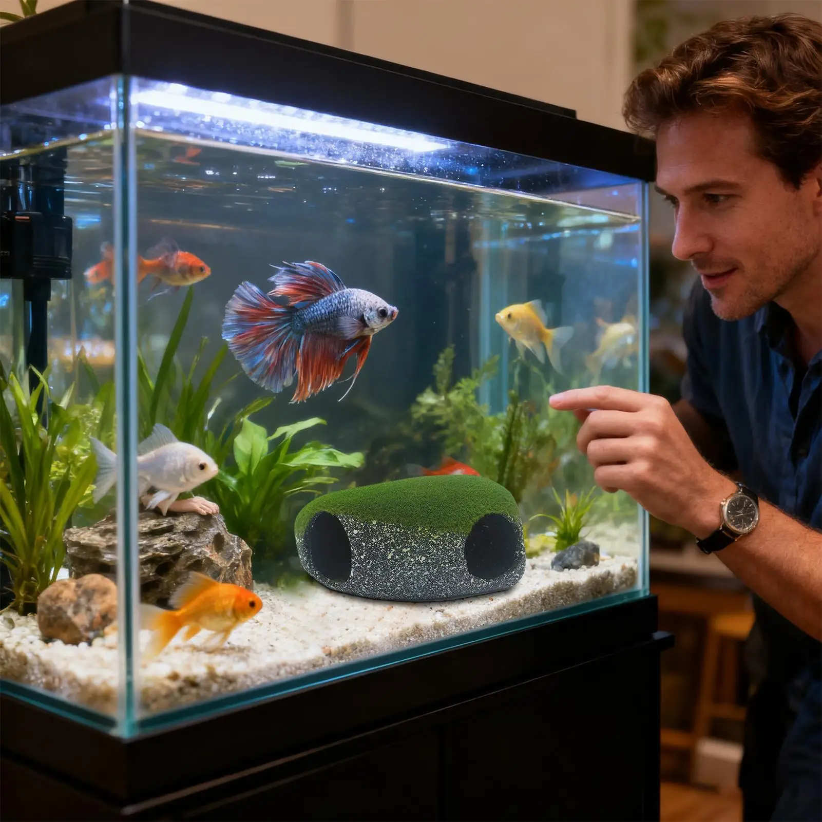 

2-Hole Rock Fish Tank Cave - Natural Aquarium Shelter for Freshwater & Saltwater Tanks, Decorative Hideout for Home, Office