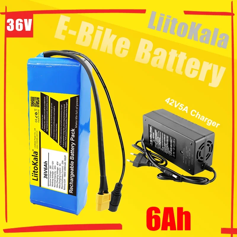 LiitoKala 36V6AhElectric Bike Battery Built in 20A BMS Lithium Battery Pack 36 Volt with 2A Charge Ebike Battery