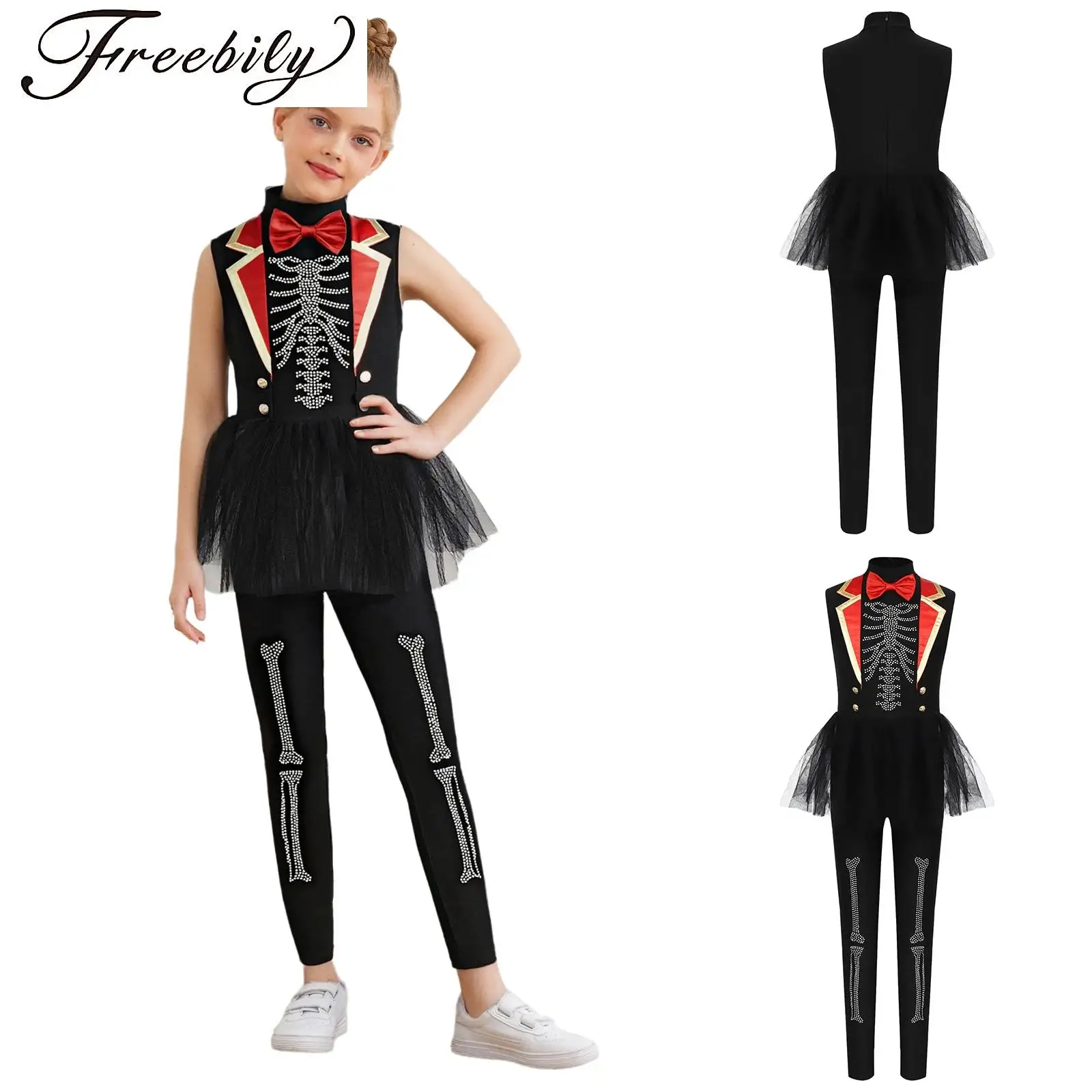 

Girls Halloween Ringmaster Circus Costume Jumpsuit Mock Neck Sleeveless Rhinestone Puffy Mesh Leotard Bodysuit Magician Dress Up