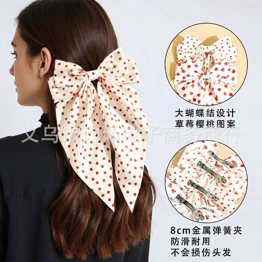 1pc Strawberry Cherry Print Bow Spring Hair Clip Sweet Fruit Design Back of Head Claw for Women Party Festive Decor