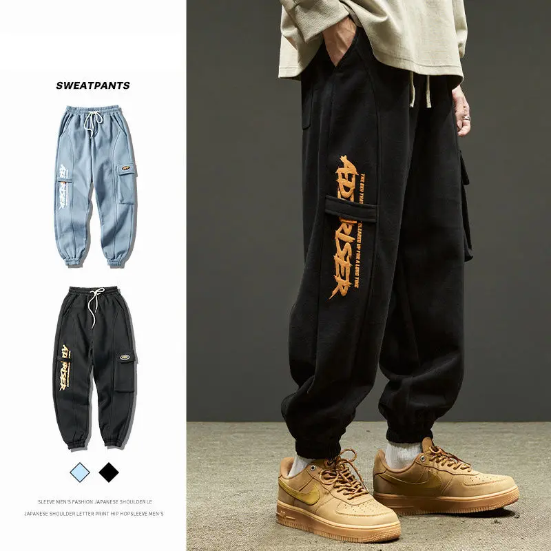 2023 Spring New Men's Youth Trend Loose Casual Korean Version Sports Cargo Fashion Printed Spliced Pocket Elastic Waist Capris