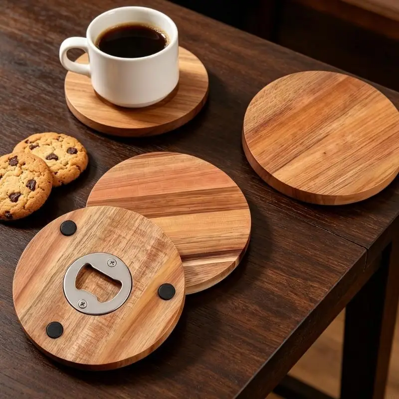 Holzuntersetzer mit Lagerregal, Flaschenöffner für Bier und Getränkebecher, Matte für Zuhause, Küche, Büro und Außenbereich B03E – Detail 5