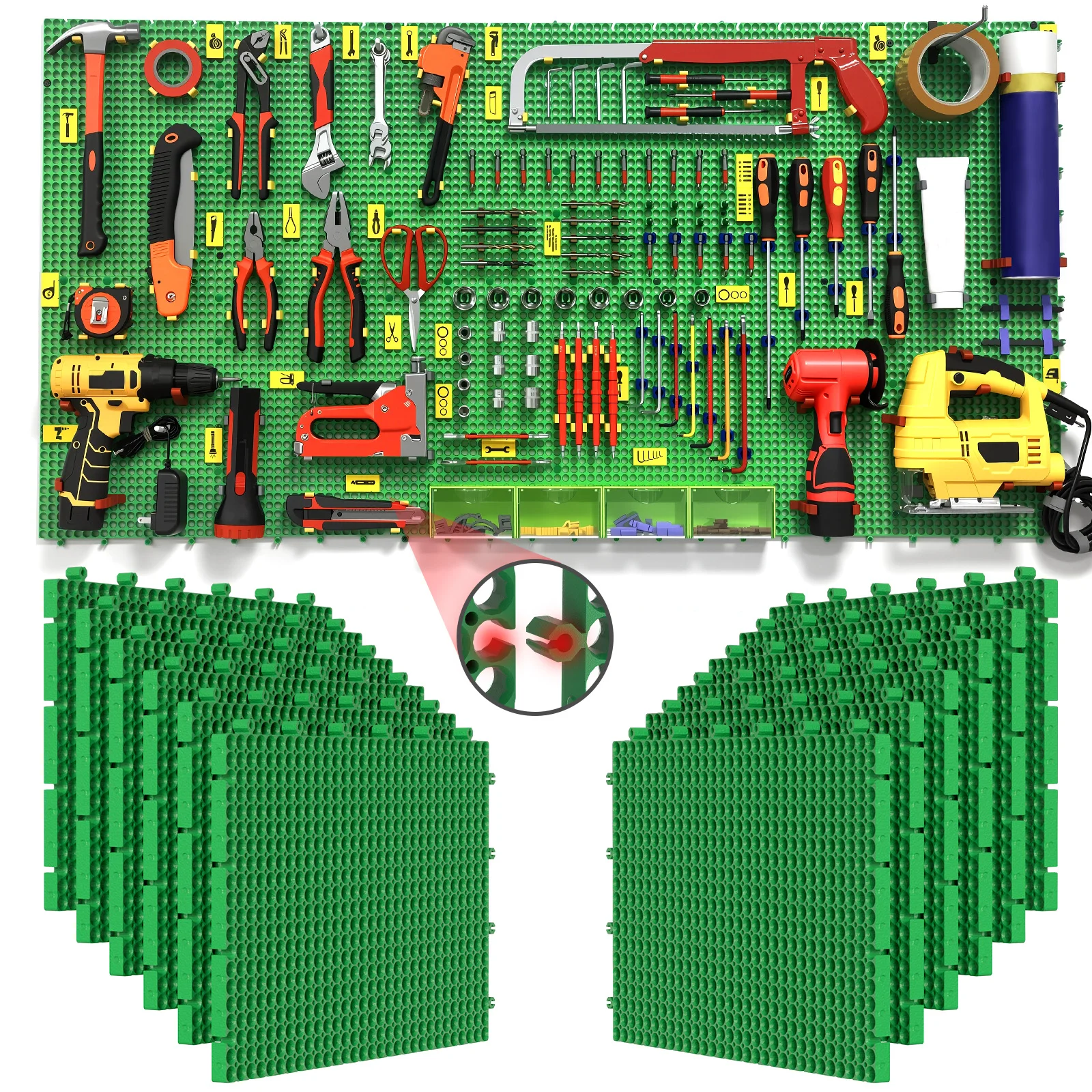 Plastic Pegboard Wall Organizer Kit, 12Green Panels 61 x 122cm, 428 Accessories with Hooks, Clips & Holders, Modular Tool Storag