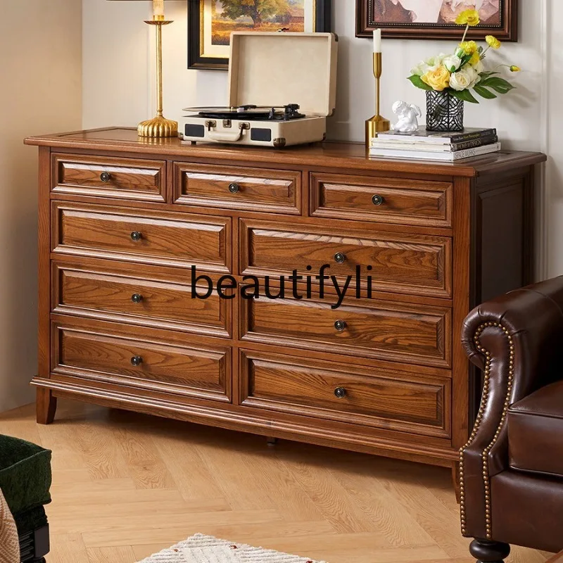 

American Style Bedroom Storage Nine-Drawer Cabinet Living Room Light Luxury Five-Drawer Cabinet Solid Wood Drawer Cabinet