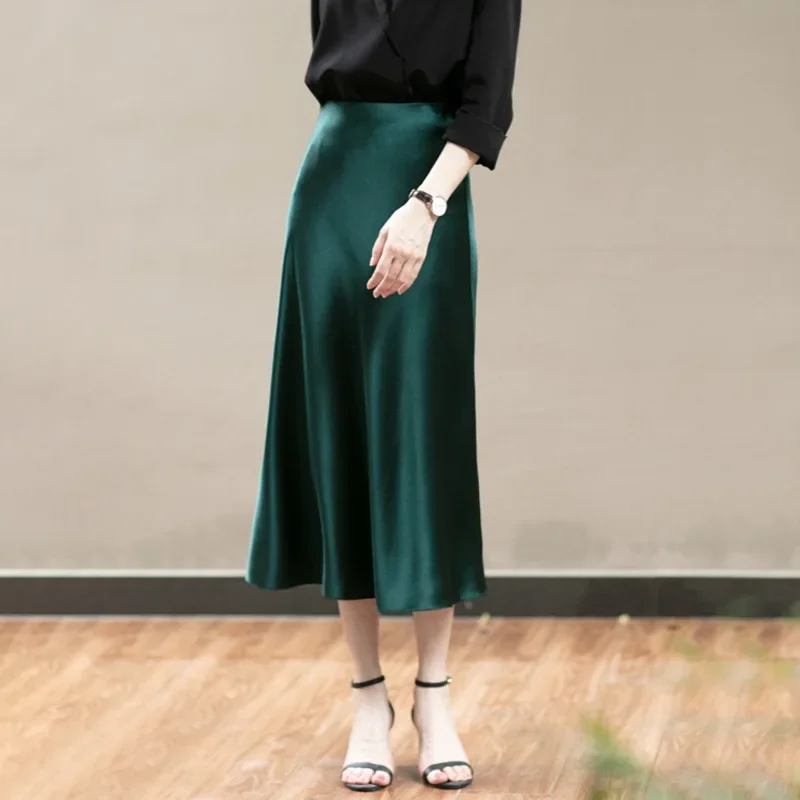 2025 Spring And Autumn Acetate Silk Fish Tail Skirt Slim High Elastic Waist Wrapped Hip Skirt Mid Length Half Length Skirt