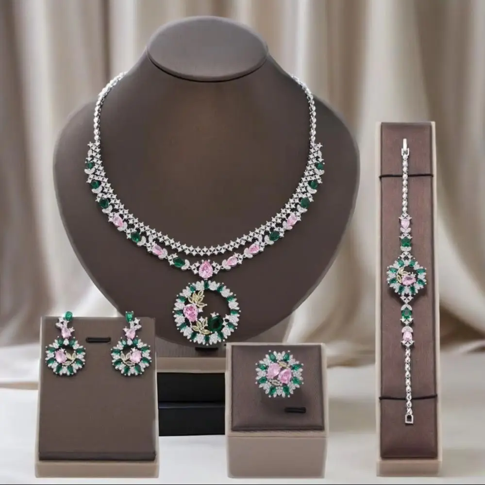 

Дубай свадебный комплект ювелирных изделий для женщин зеленый кубический цирконий комплект из 4 предметов кулон ожерелье серьги