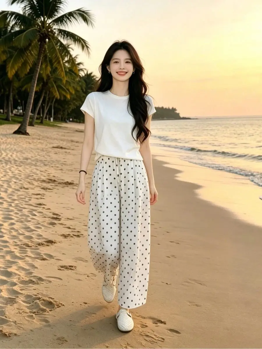 

Chic Commute Versatile Set 2026 Summer New Basic White T-Shirt Black Polka Dot Wide Leg Pants Fashionable Women's Outfit